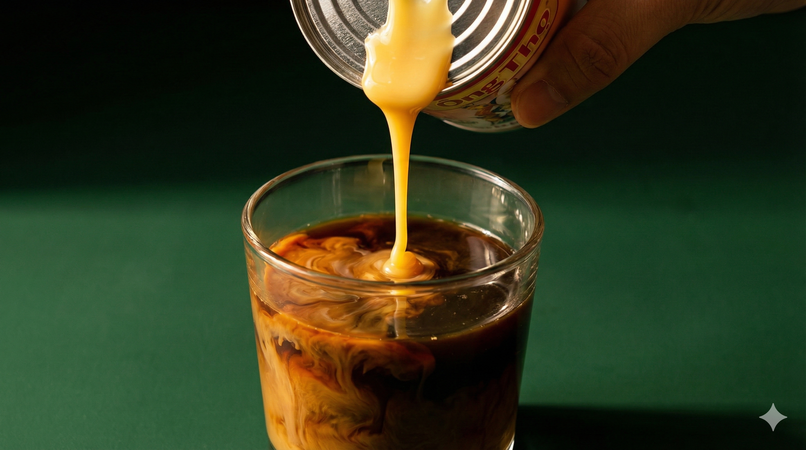 Vietnamesischer Kaffee mit Kondensmilch im Glas und Sữa Ông Thọ Dose auf dunklem Hintergrund